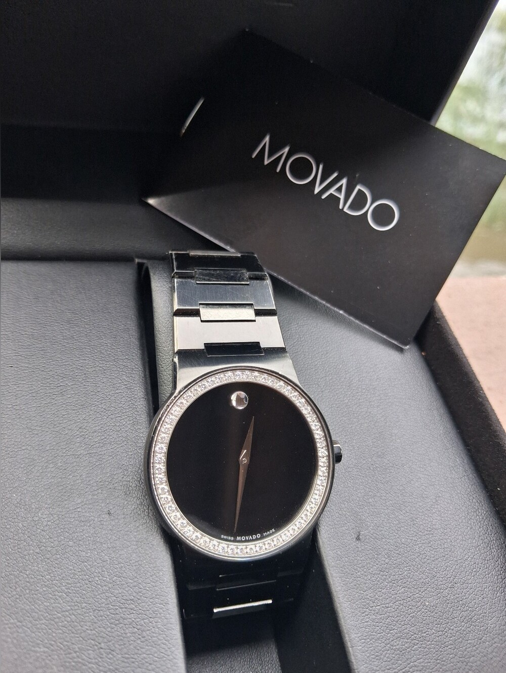 Movado Black and Silver Museum Dial Watch with DIAMOND Bezel